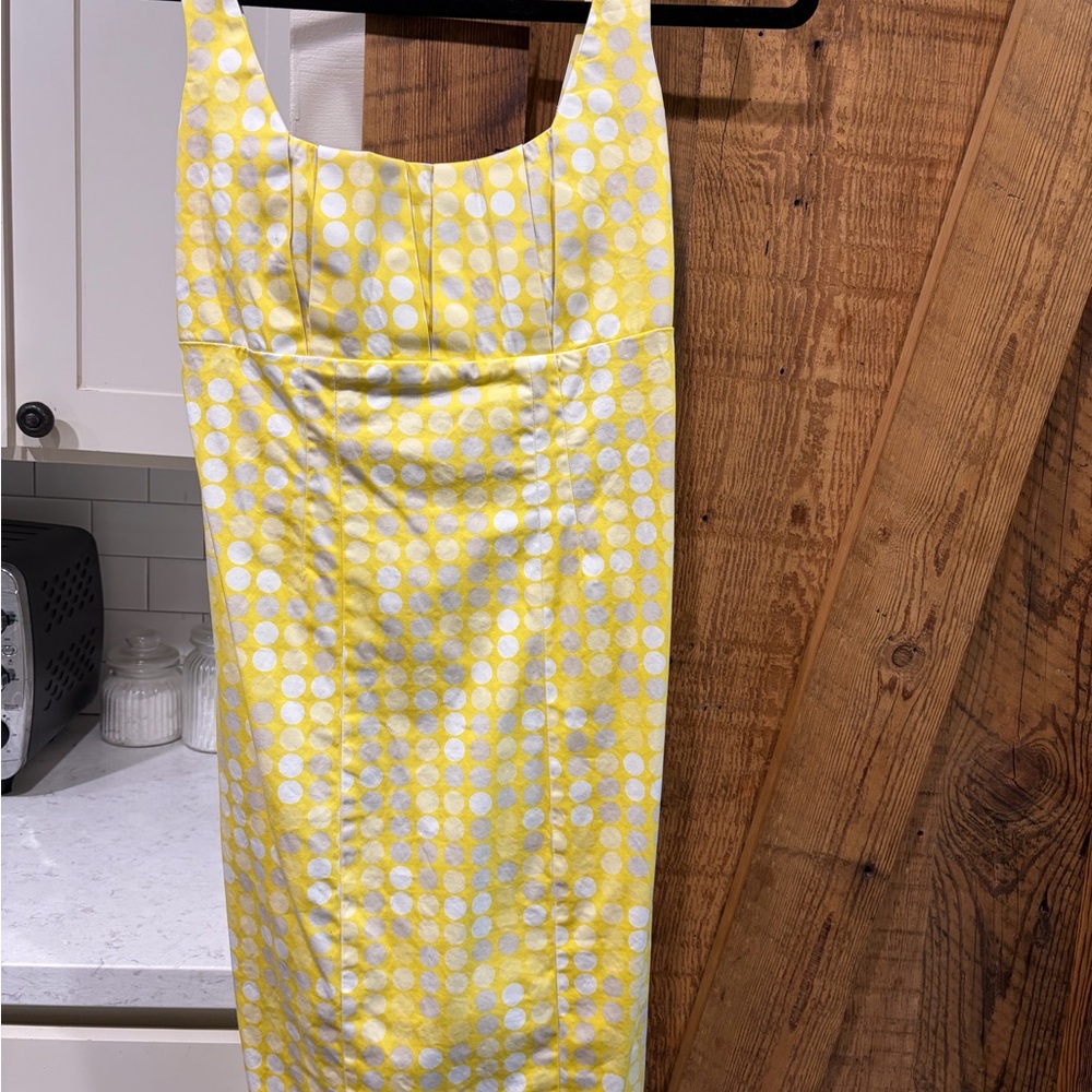 Calvin Klein Yellow and White Polka Dot Midi Sheath Dress